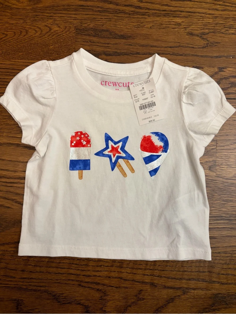 J Crew Crewcuts White Tee with Red and Blue Summer Treats 12-18 Months, Cotton